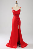Red Mermaid Spaghetti Straps Satin Beaded Prom Dress with Slit