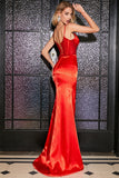 Stunning Red Mermaid Spaghetti Straps Corset Beaded Prom Dress with Slit