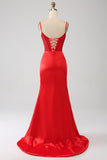 Red Mermaid Spaghetti Straps Satin Beaded Prom Dress with Slit