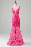 Fuchsia Mermaid V-Neck Sparkly Sequins Prom Dress with Appliques