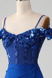 Royal Blue Mermaid Spaghetti Straps Beaded Corset Prom Dress with Slit