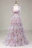 A-Line Tulle White Flower Printed Long Prom Dress