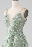 Sage A-Line Long Corset Appliqued Prom Dress with Detachable Sleeves