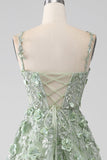 Sage A-Line Long Corset Appliqued Prom Dress with Detachable Sleeves