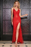 Sparkly Red Mermaid Spaghetti Straps Sequins Prom Dress with Criss Cross Back