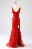 Glitter Red Mermaid Spaghetti Straps Long Sequins Prom Dress with Slit