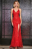 Sparkly Red Mermaid Spaghetti Straps Sequins Prom Dress with Criss Cross Back