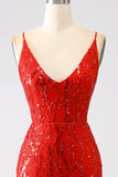 Glitter Red Mermaid Spaghetti Straps Long Sequins Prom Dress with Slit