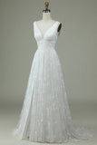 Ivory A Line V-Neck Lace Wedding Dress with Slit