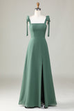 Eucalyptus A-Line Spaghetti Straps Floor Length Bridesmaid Dress with Slit