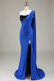 Royal Blue One Shoulder Mermaid Sequin Pleated Prom Dress with Slit
