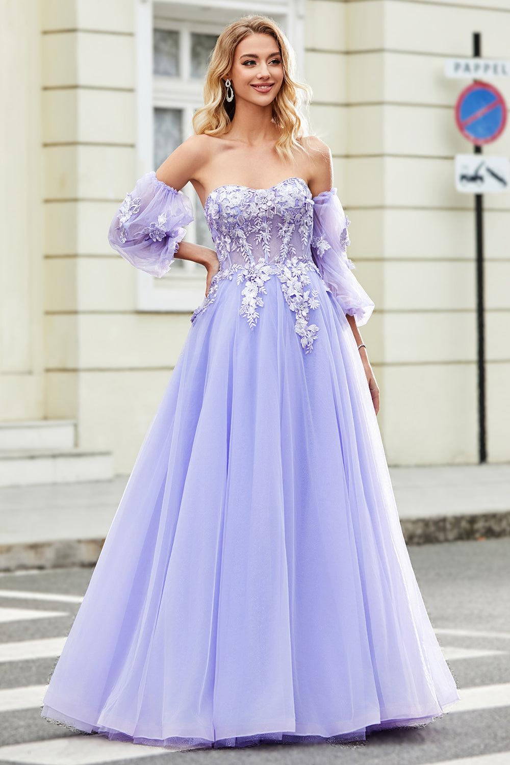 Gorgeous Lavender A Line Off the Shoulder Corset Prom Dress with Appliques
