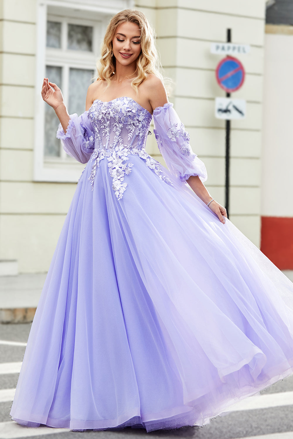 Gorgeous Lavender A Line Off the Shoulder Corset Prom Dress with Appliques