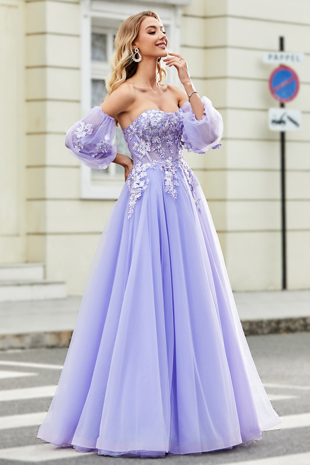Gorgeous Lavender A Line Off the Shoulder Corset Prom Dress with Appliques