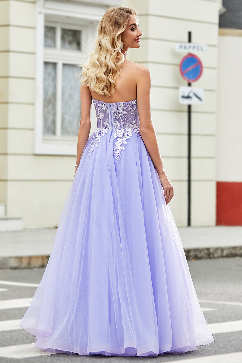 Gorgeous Lavender A Line Off the Shoulder Corset Prom Dress with Appliques