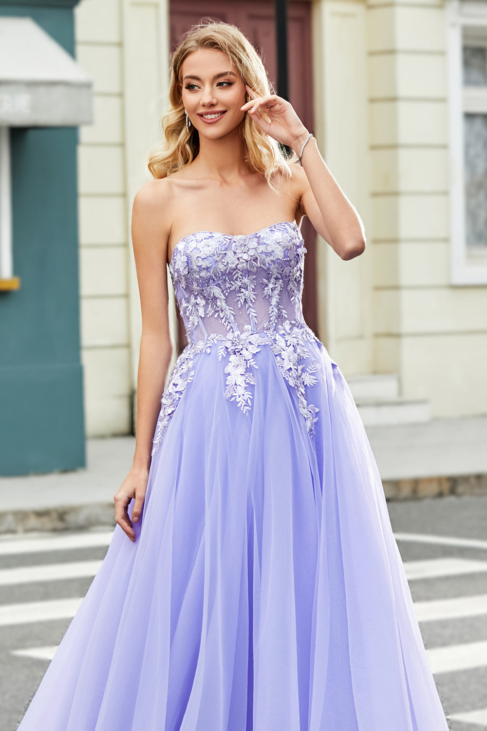 Gorgeous Lavender A Line Off the Shoulder Corset Prom Dress with Appliques