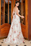 Sparkly Ivory Flower A-Line Long Corset Embroidered Prom Dress with Slit