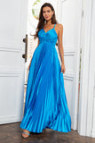 Lake Blue A Line Spaghetti Straps Pleated Long Prom Dress