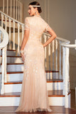 Blush Mermaid Round Neck Long Sequined Beaded Flapper Dress