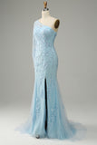 Sky Blue Mermaid One Shoulder Long Prom Dress With Slit