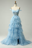 Princess A Line Off the Shoulder Blue Long Corset Prom Dress with Slit