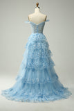 Princess A Line Off the Shoulder Blue Long Corset Prom Dress with Slit