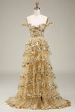 Golden A-Line Off The Shoulder Sequin Prom Dress with Slit