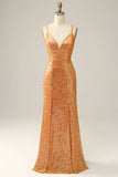 Orange Mermaid Spaghetti Straps Sparkly Sequined V Neck Backless Prom Dress