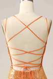 Orange Mermaid Spaghetti Straps Sparkly Sequined V Neck Backless Prom Dress