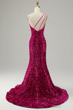 Fuchsia Mermaid One Shoulder Sequin Long Prom Dress