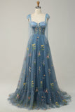 A-Line Spaghetti Straps Corset Grey Blue Prom Dress With Embroidery