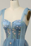 A-Line Spaghetti Straps Corset Grey Blue Prom Dress With Embroidery