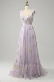 Lavender A Line Spaghetti Straps Corset Long Prom Dress With Embroidery