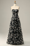 Black Flower A Line Detachable Strapless Off The Shoulder Prom Dress
