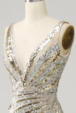 Sparkly Golden Mermaid Deep V Neck Long Prom Dress with Silt
