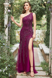 Dark Purple Sheath One Shoulder Sequin Prom Dress with Slit