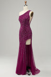 Dark Purple Sheath One Shoulder Sequin Prom Dress with Slit