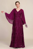 Burgundy V Neck Beaded Batwing Sleeves Mother of the Bride Dress