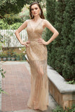 Sparkly Golden Mermaid Spaghetti Straps Backless Sequin Prom Dress