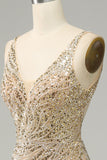 Sparkly Golden Mermaid Spaghetti Straps Backless Sequin Prom Dress