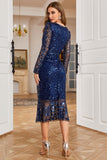 Navy Sheath Beaded and Sequin Midi Formal Evening Dress with Long Sleeves