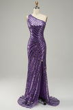 Purple Mermaid Sequin One Shoulder Long Prom Dress with Slit