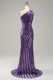 Purple Mermaid Sequin One Shoulder Long Prom Dress with Slit