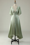 Dusty Sage A Line Deep V Neck Long Bridesmaid Dress with Half Sleeves