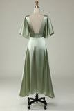 Dusty Sage A Line Deep V Neck Long Bridesmaid Dress with Half Sleeves