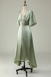 Dusty Sage A Line Deep V Neck Long Bridesmaid Dress with Half Sleeves