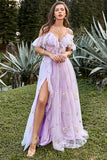Lavender A-Line V-Neck Spaghetti Straps Embroidery Long Prom Dress with Slit