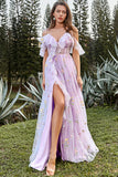 Lavender A-Line V-Neck Spaghetti Straps Embroidery Prom Dress with Slit