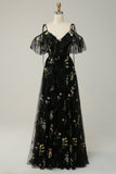 Lavender A-Line V-Neck Spaghetti Straps Embroidery Prom Dress with Slit