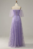 Lavender A Line Off Shoulder Long Prom Dress with Ruffles
